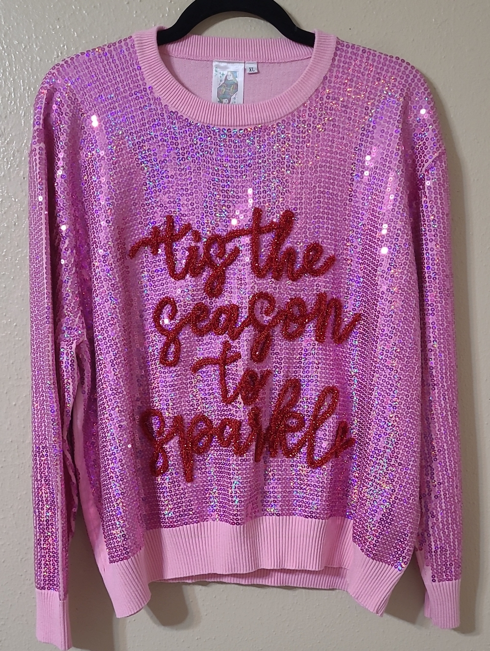 QUEEN OF SPARKLES Pink Sequin Crewneck Sweater with Red Script